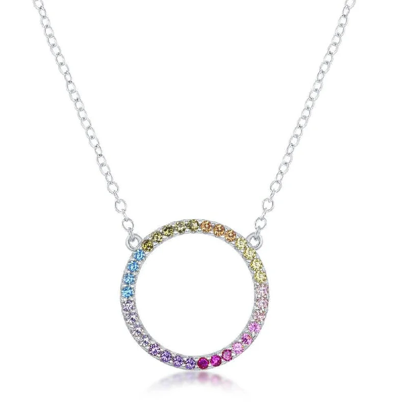 Sterling Silver Rainbow Cubic Zirconia Circle of Life Necklace