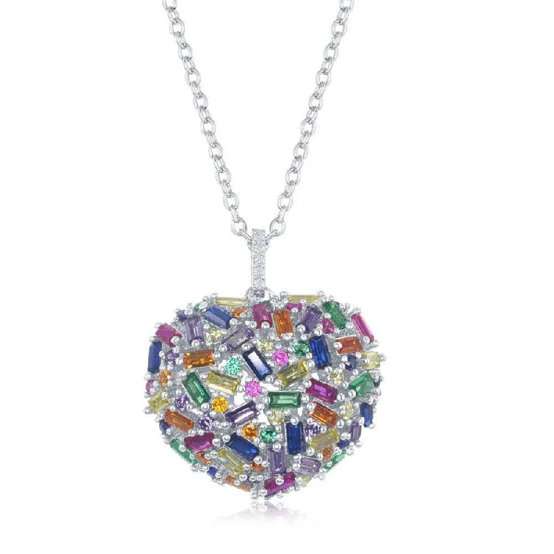 Sterling Silver Rainbow Baguette CZ Puffed Heart Necklace