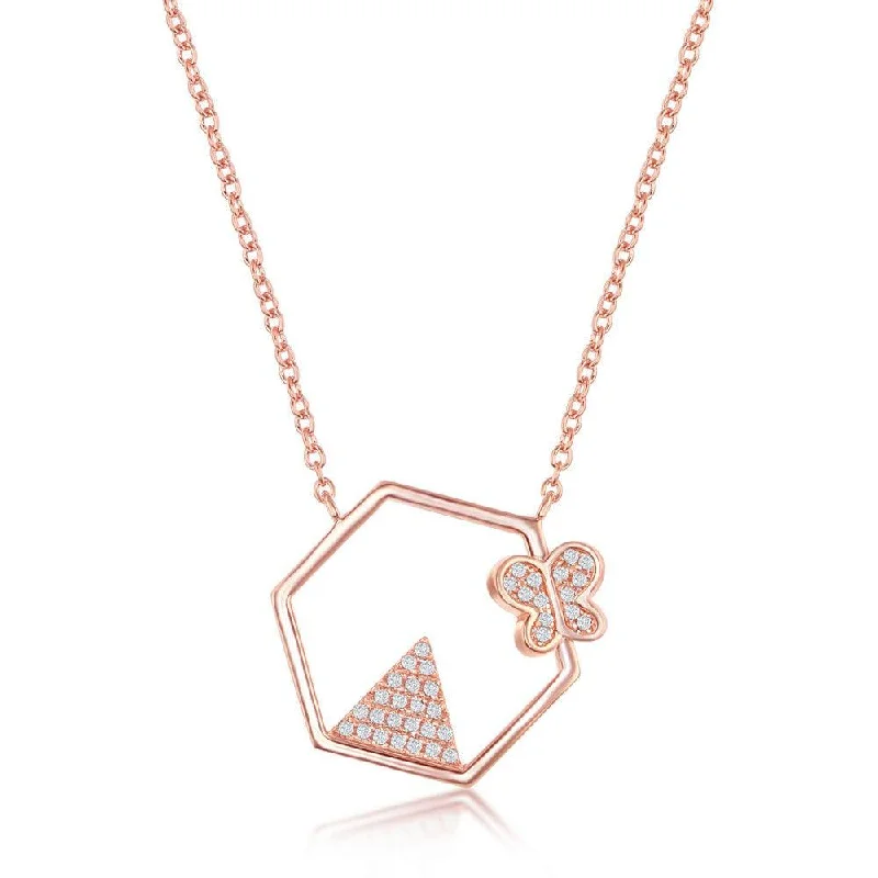 Sterling Silver CZ Triangle and Butterfly Hexagon Necklace