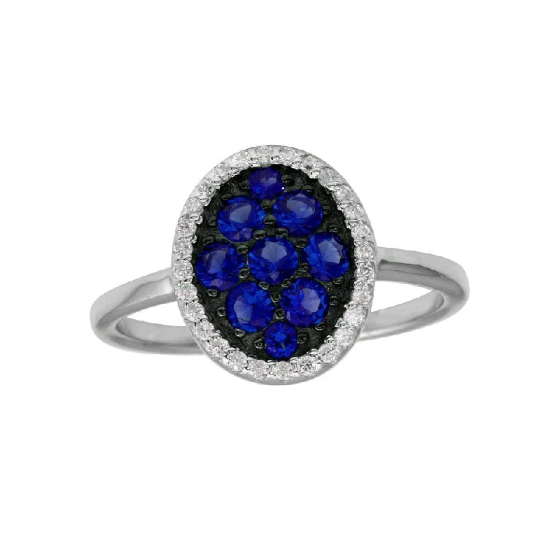 Simple Gemstone Rings-Rhodium Plated 925 Sterling Silver Oval Ring with Blue and Clear CZ - BGR01233BLU