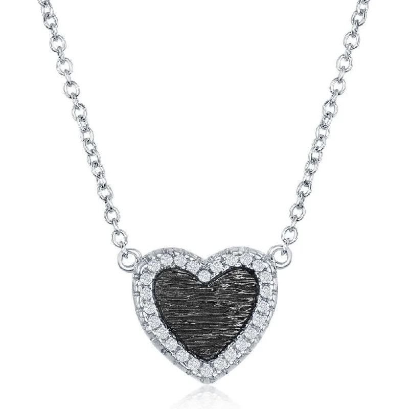 Sterling Silver Small Heart with CZ Border Necklace