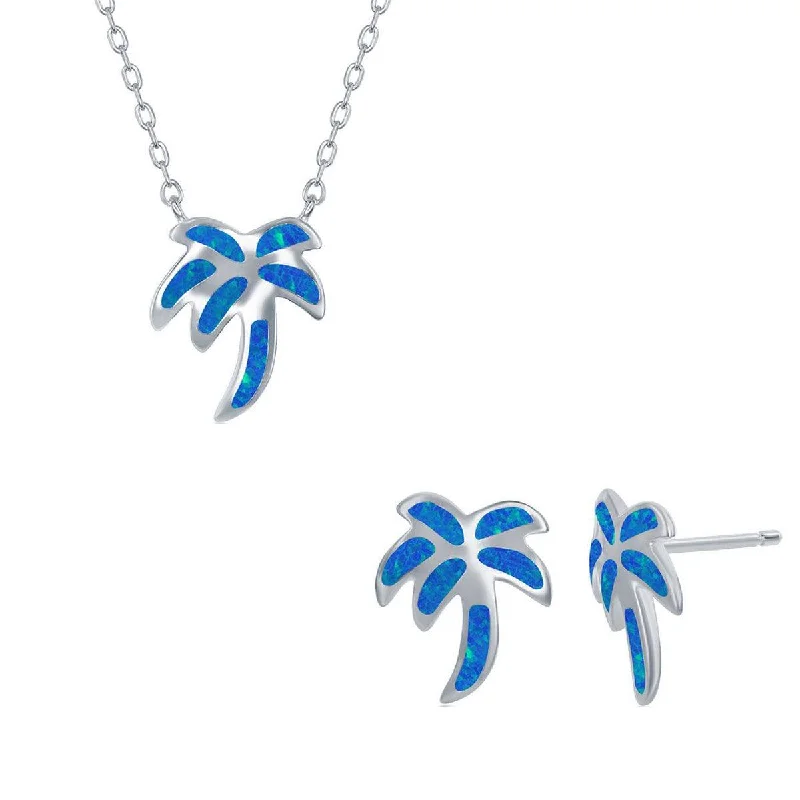 Women's Necklace and Earrings Set - Sterling Blue Opal Palm Tree | SET-570