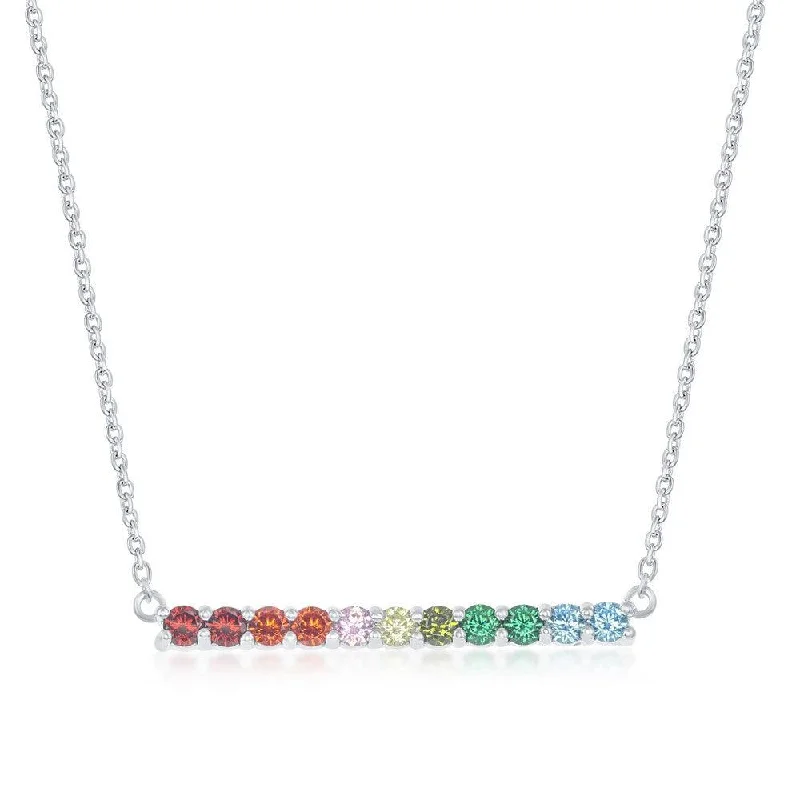 Sterling Silver Rainbow Cubic Zirconia Bar Necklace