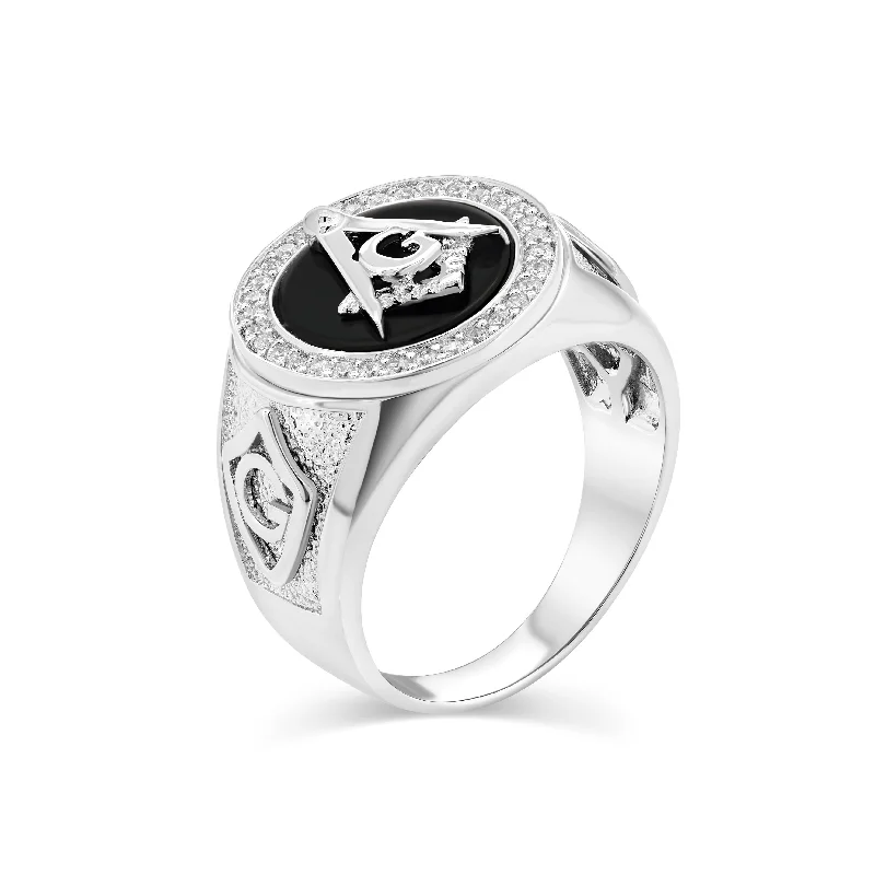 Elegant Gold Rings-Rhodium Plated 925 Sterling Silver Men's Round Masonic Black Onyx Clear CZ 16.9mm Ring - GMR00426