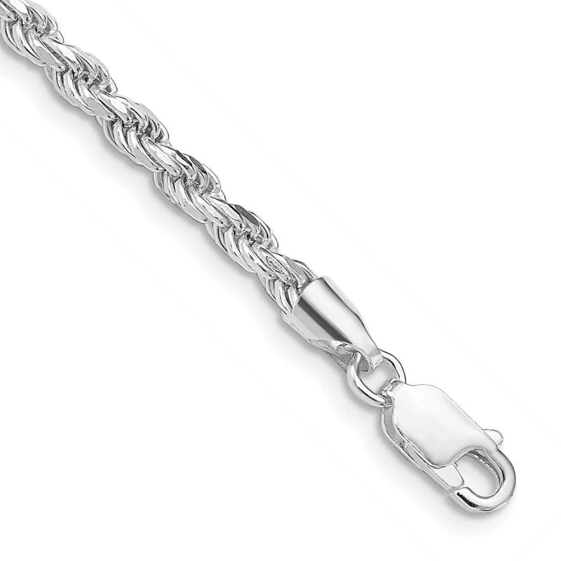 Trendy Name Bracelets-Sterling Silver Rhodium-plated 3mm Diamond-cut Rope Chain Bracelet