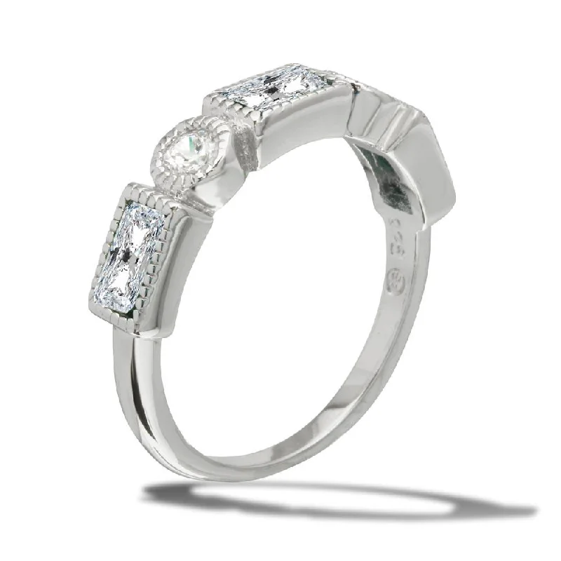 Beautiful Diamond Rings-Rhodium Plated 925 Sterling Silver Alternating Clear Rectangle and Clear Round CZ Ring - BGR01111CLR