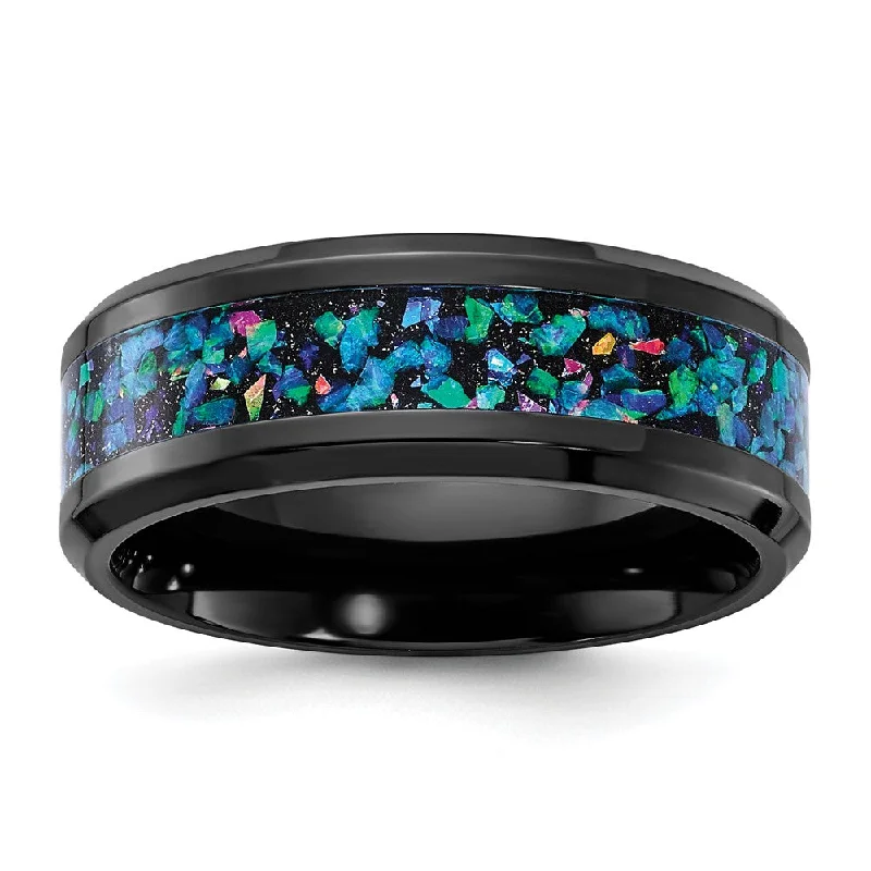 Simple Gemstone Rings-8mm Black Zirconium Multi-Color Imitation Opal Inlay Standard Fit Band