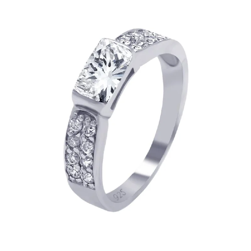 Custom Wedding Bands-Silver 925 Rhodium Plated Clear Rectangular Center Pave CZ Ring - AAR0002CLR