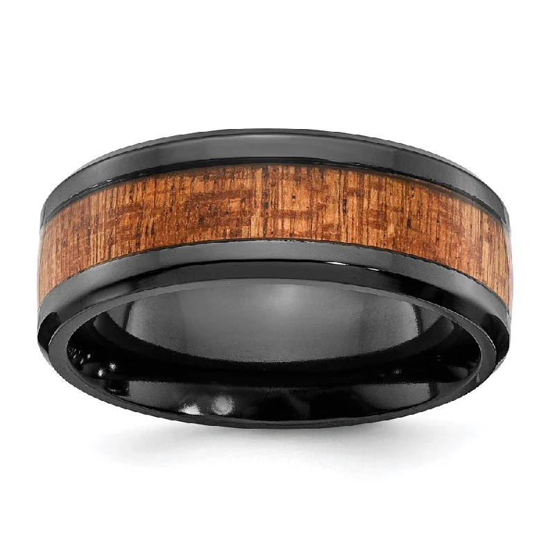 Unique Wedding Bands-8mm Black Zirconium & Sapele Wood Inlay Standard Fit Band