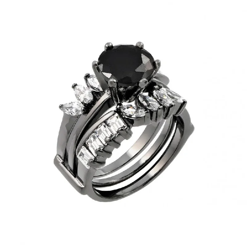 Fashionable Gemstone Wedding Rings-Silver 925 Black Rhodium Plated Black Center Clear Baguette Marquise CZ Ring - STR00757BLK