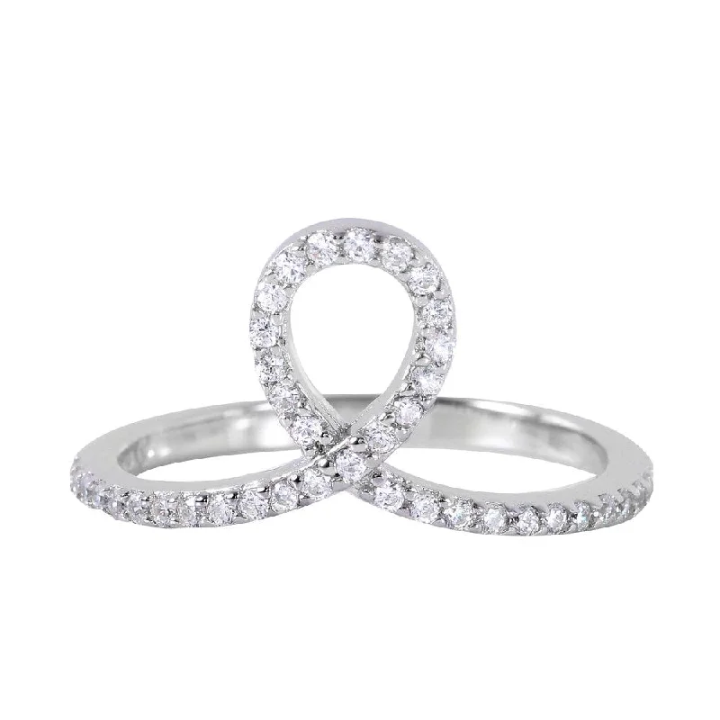 Custom Silver Rings-Silver 925 Rhodium Plated Clear Pave Set CZ Loop Ring - BGR00947