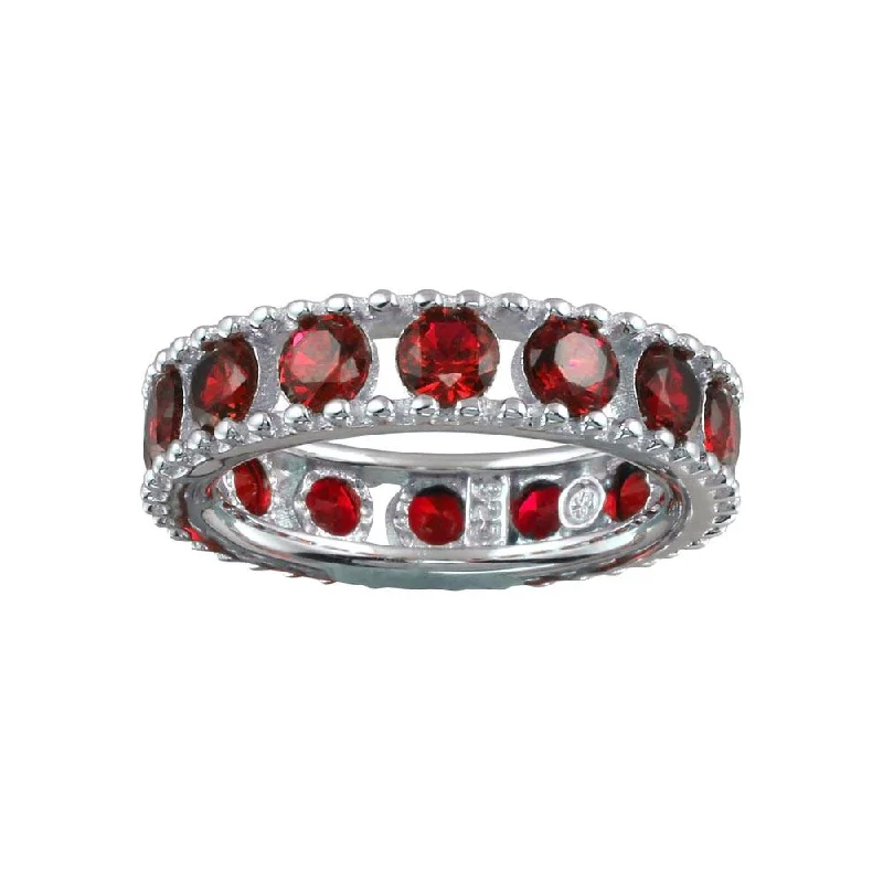 Bold Wedding Bands-Rhodium Plated 925 Sterling Silver Round Red CZ Band - BGR01293RED