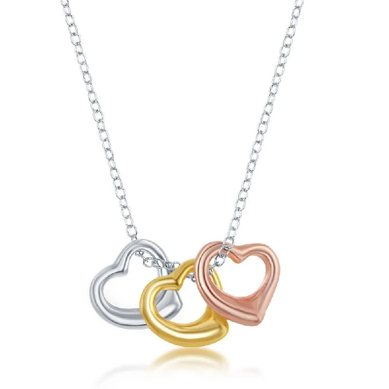 Sterling Silver Tri-Color Puffed Hearts Necklace