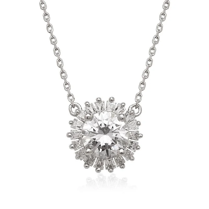 Sterling Silver Round CZ with Baguette Border Stud Necklace