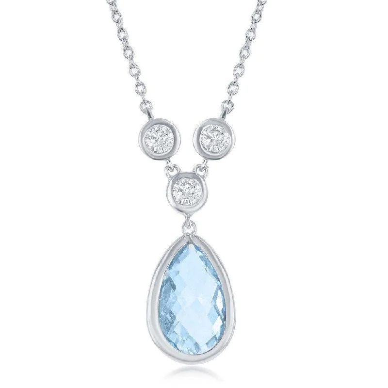 Sterling Silver Blue Topaz Teardrop with 3 White Topaz Necklace