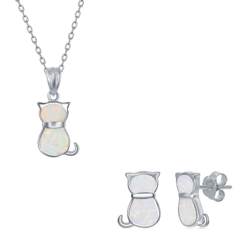 Women's Necklace and Earrings Set - Sterling White Inlay Opal Cat | SET-578