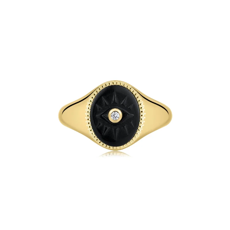 Unique Wedding Rings-Gold Vermeil Black Turquoise Evil Eye Signet Ring