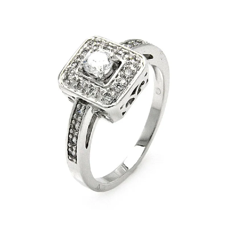 Fine Wedding Bands-Silver 925 Rhodium Plated Round Center Clear Cluster CZ Square Ring - BGR00462