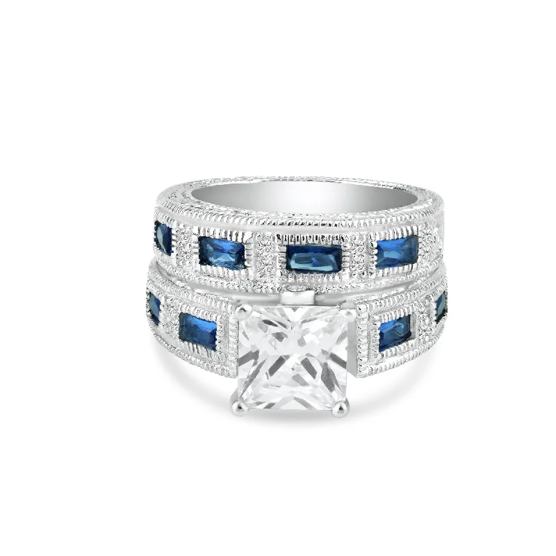 Unique Diamond Wedding Bands-Silver 925 Rhodium Plated Blue Baguette and Clear CZ Ornate Ring - STR00482