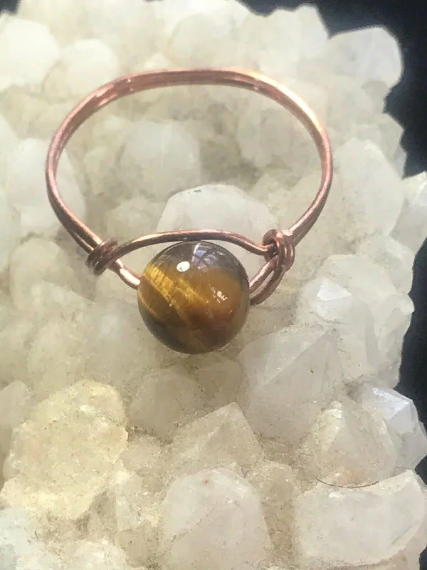 Customizable Rings for Women-Tigers Eye Copper Bead Ring