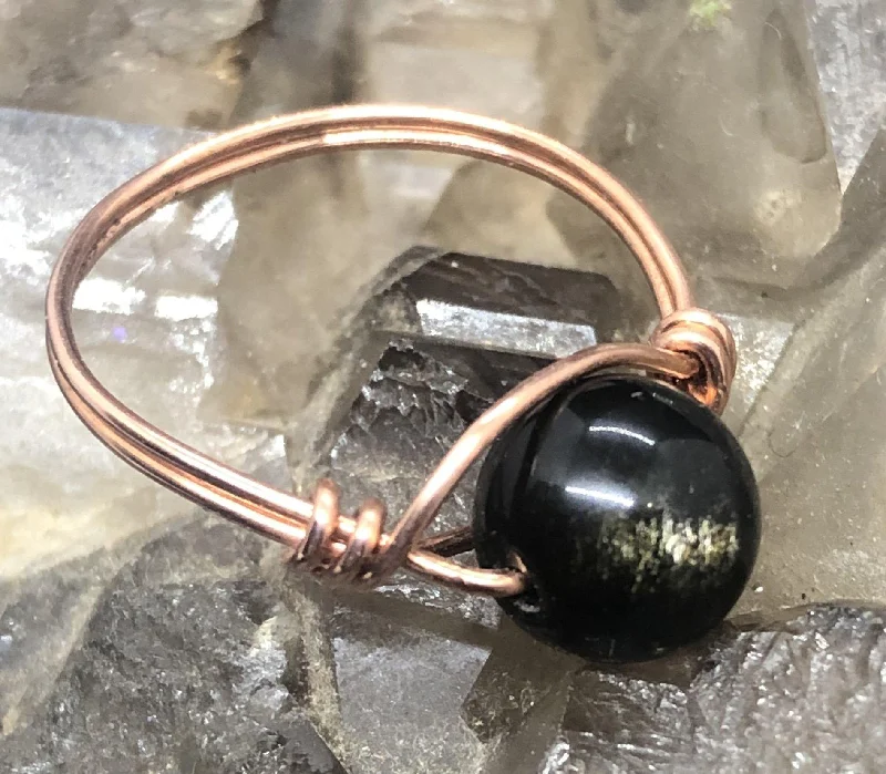 Luxury Engagement Rings-Black Obsidian Copper Bead Ring