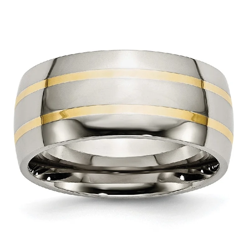 Handcrafted Wedding Bands-Men's 10mm Titanium & 14k Gold Inlay Polished Domed Band