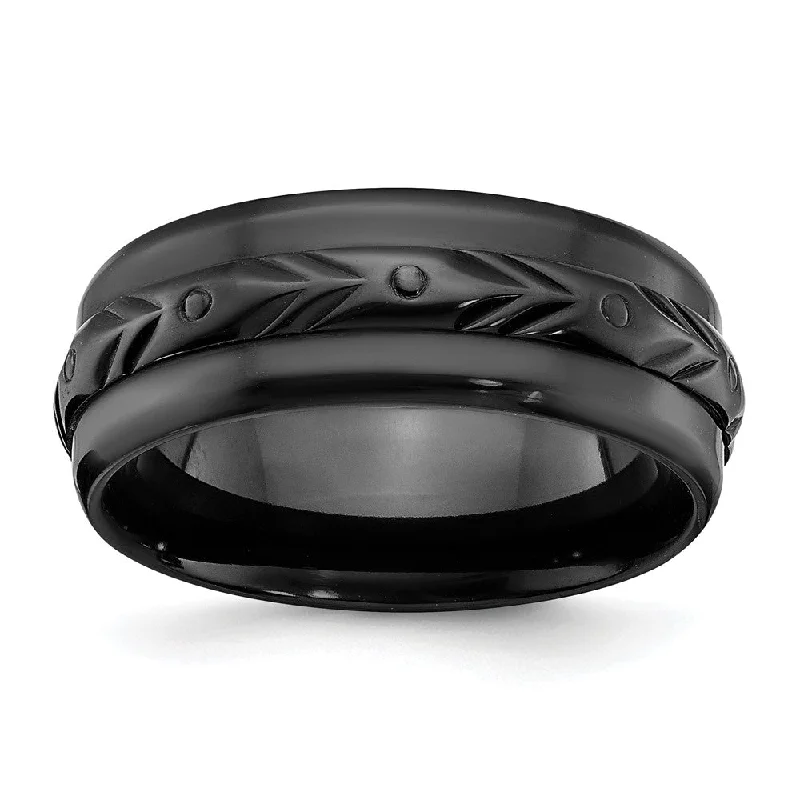 Classic Engagement Ring Bands-8mm Black Zirconium Polished Carved Standard Fit Band