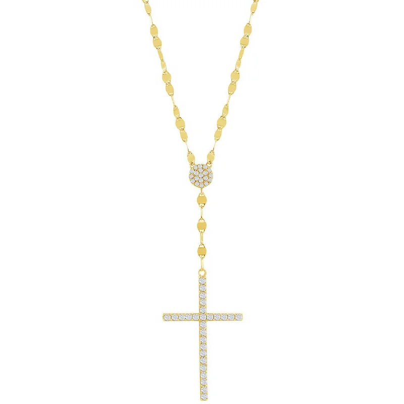 Classic Women's Necklace - Gold Plated White CZ Stone Cross Mirror Chain | M-6997-GP