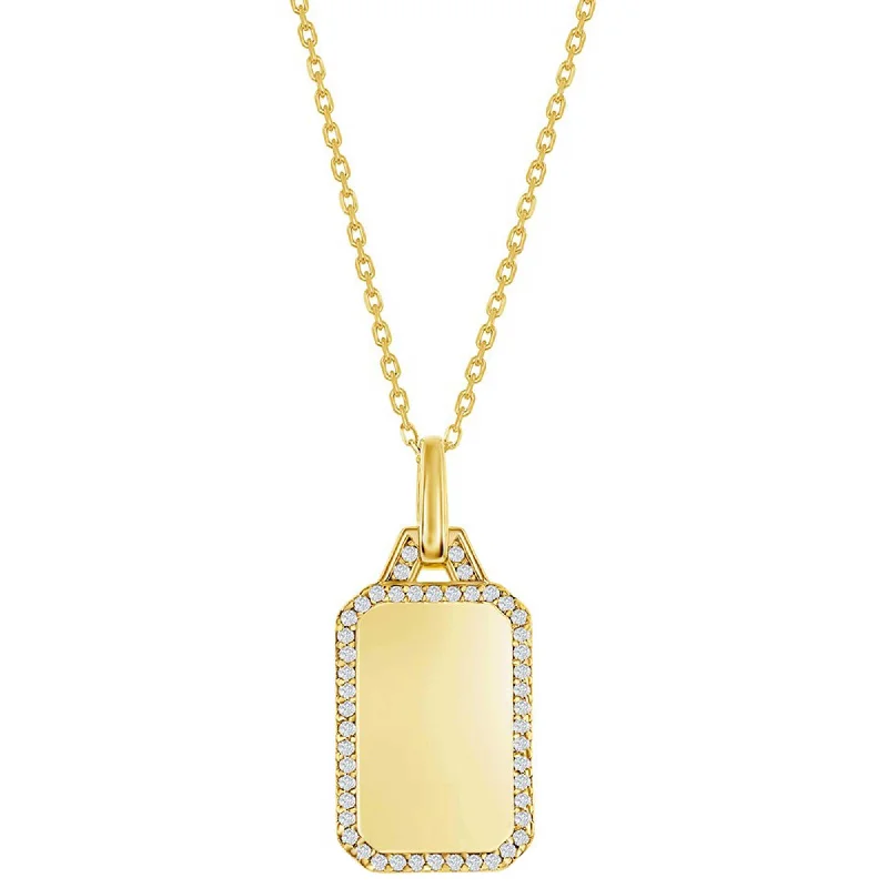 Classic Women's Necklace - Gold Plated Rectangle Dog Tag with CZ Border | M-7037-GP