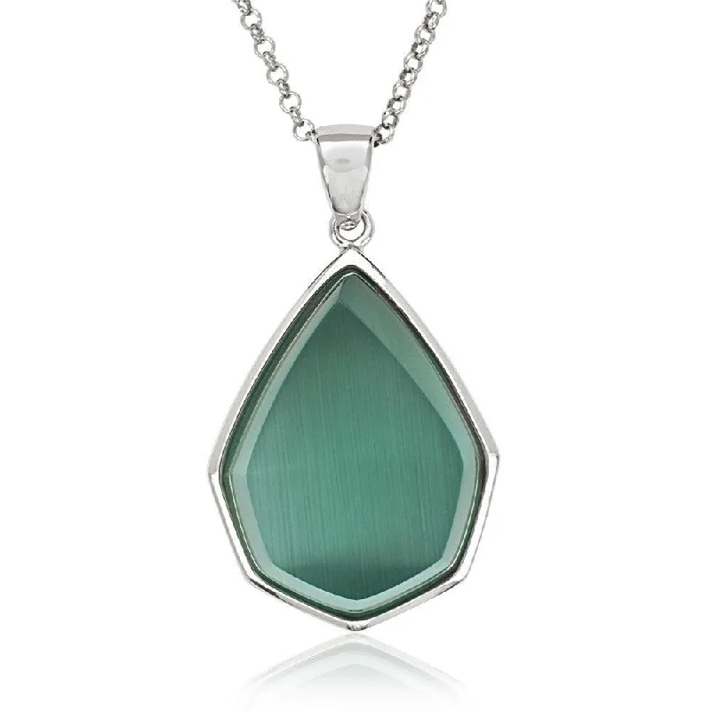 Sterling Silver King Green Cat's Eye Teardrop Necklace