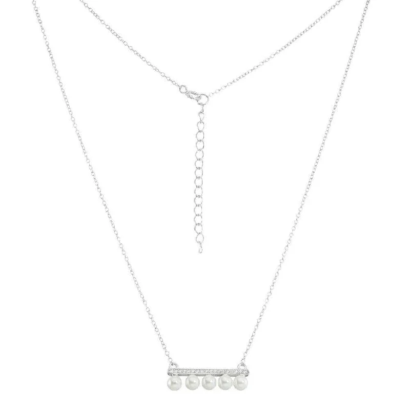 Sterling Silver CZ Bar with 5 Pearl Necklace