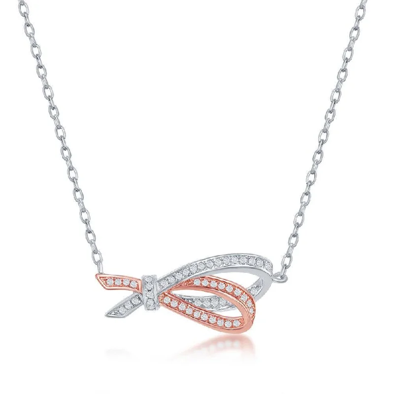 Sterling Silver Rose GP Micro Pave Double Ribbon Necklace