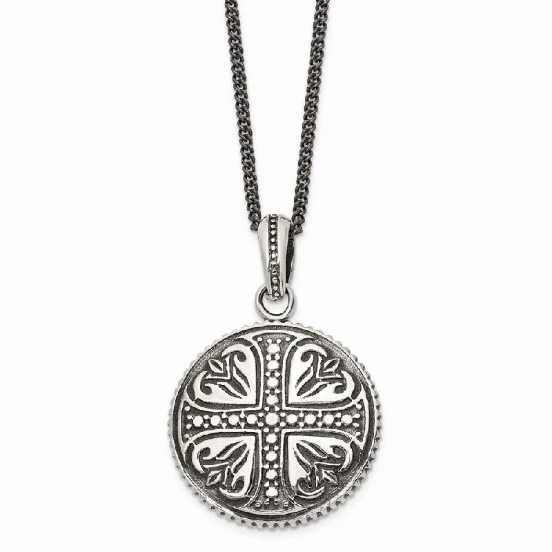 Stainless Steel Polished & Antiqued Cross Circle 22in Necklace