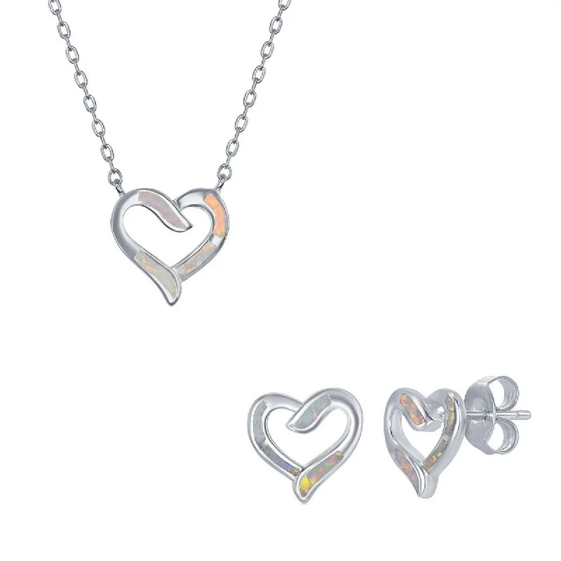 Women's Necklace and Earrings Set - Sterling Silver White Opal Heart | SET-576