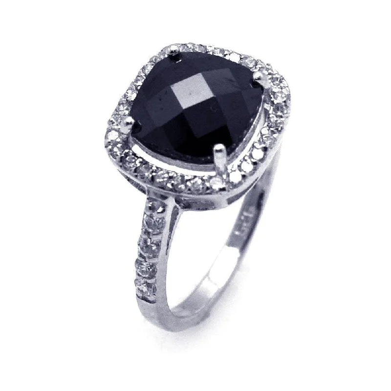 Dainty Silver Rings-Silver 925 Rhodium Plated Black Center and Cluster CZ Ring - STR00597