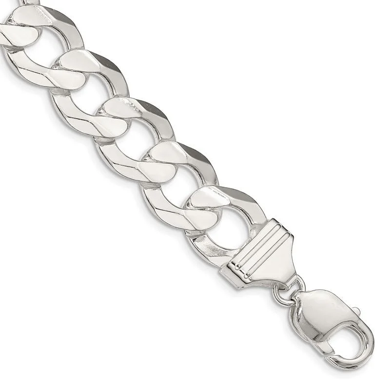 Fashionable Beaded Bracelets-Sterling Silver 13.8mm Concave Beveled Curb Chain Bracelet