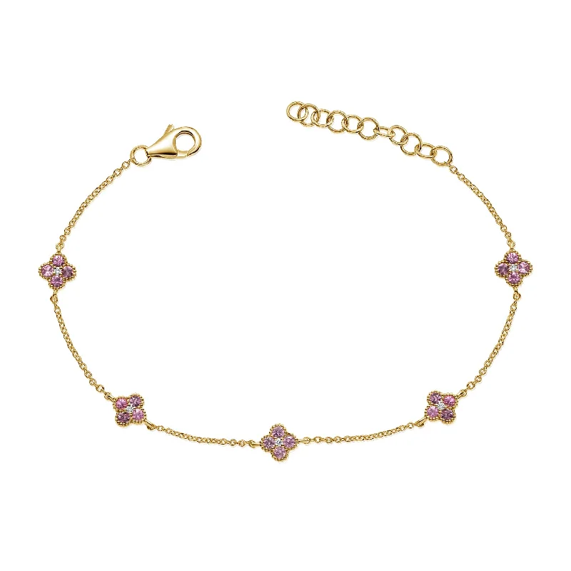 Personalized Chain Bracelets-14K Gold Pink Sapphire & Diamond Clover Bracelet