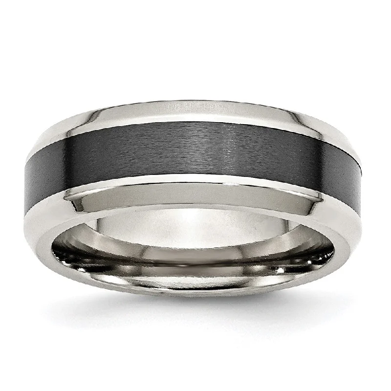 Stylish Wedding Rings-8mm Stainless Steel & Black Ceramic Center Beveled Standard Fit Band