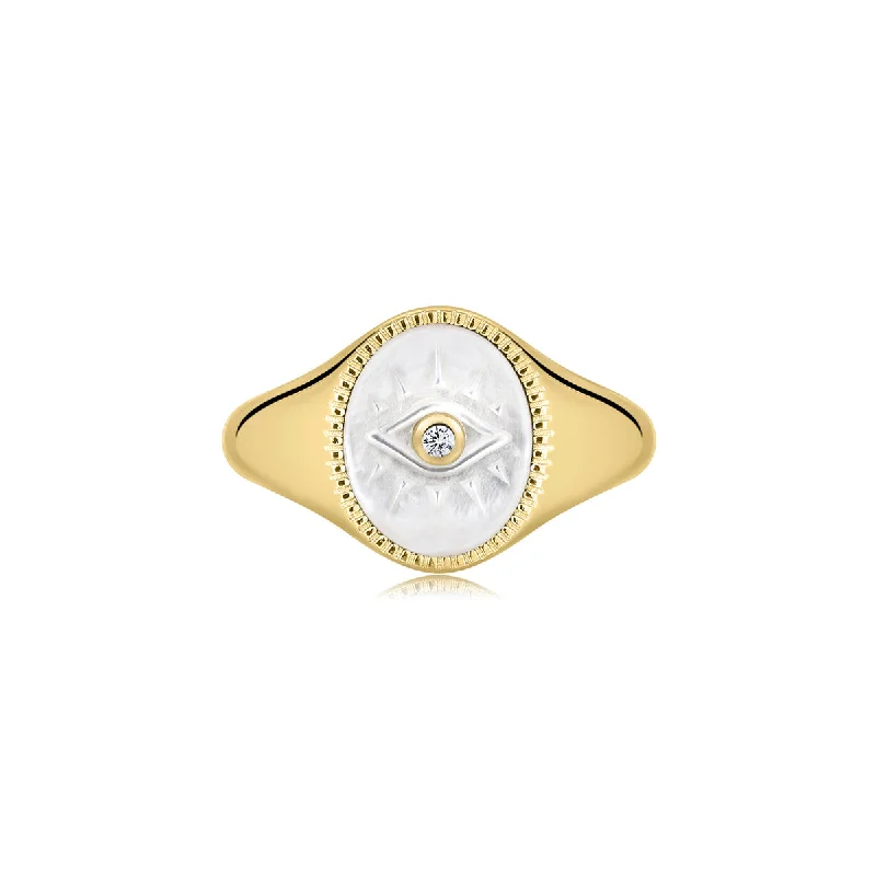 Custom Rings for Men-Gold Vermeil Mother of Pearl Evil Eye Signet Ring