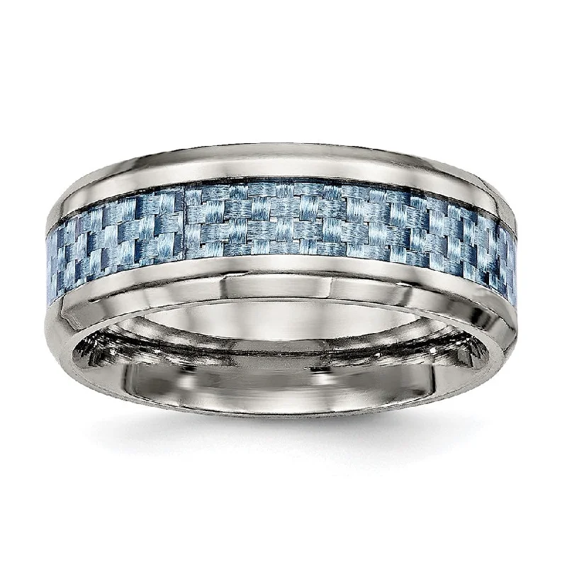 Luxury Gold Rings-Men's 8mm Titanium & Light Blue Carbon Fiber Beveled Comfort Fit Band