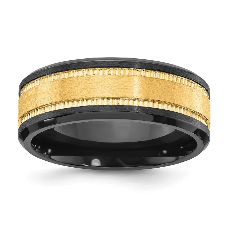 Colored Gemstone Rings-8mm Black Zirconium & Yellow Gold Tone Grooved Standard Fit Band