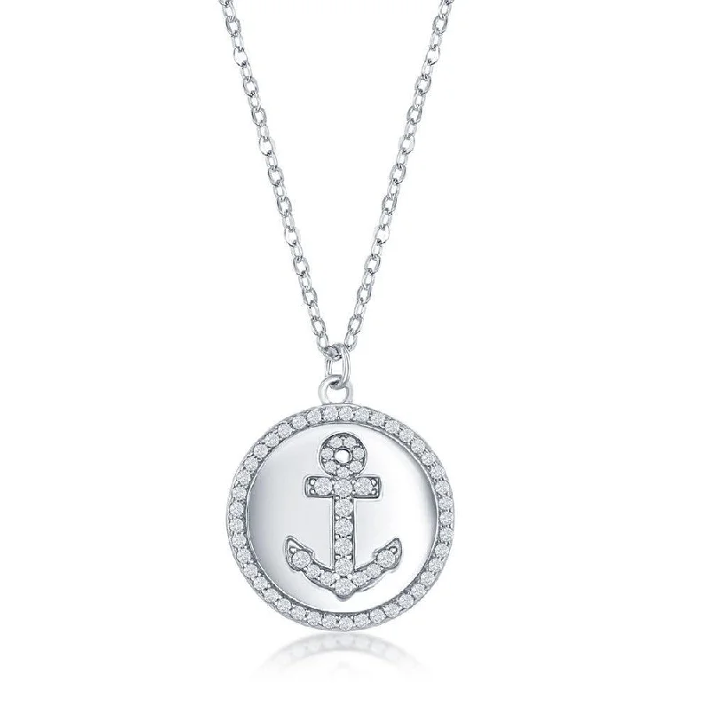 Sterling Silver Anchor Micro Pave Cubic Zirconia Disc Necklace