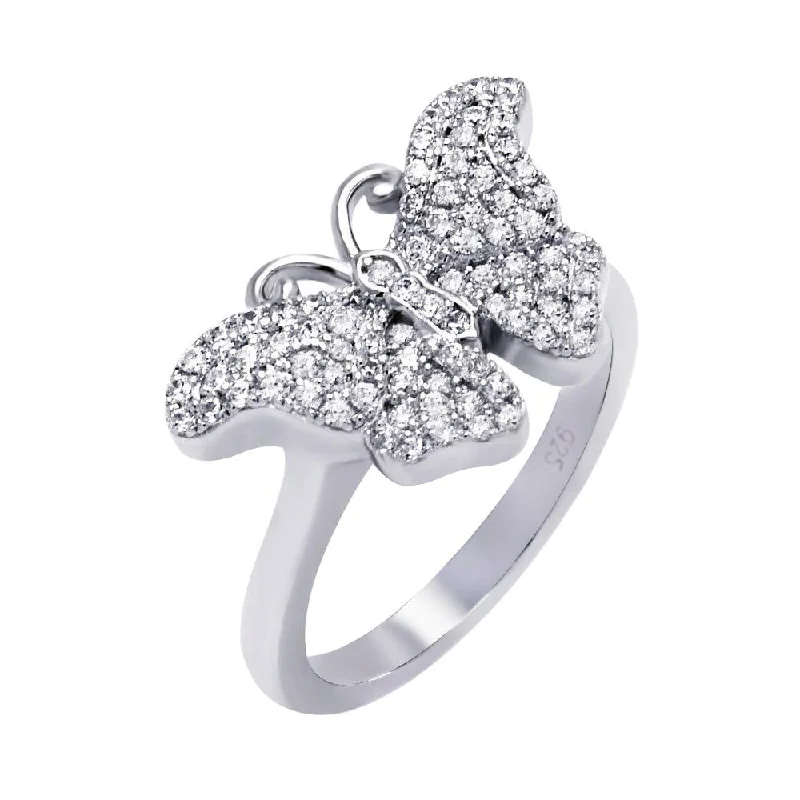 Unique Gold Engagement Rings-Silver 925 Rhodium Plated Micro Pave CZ Butterfly Ring - ACR00050