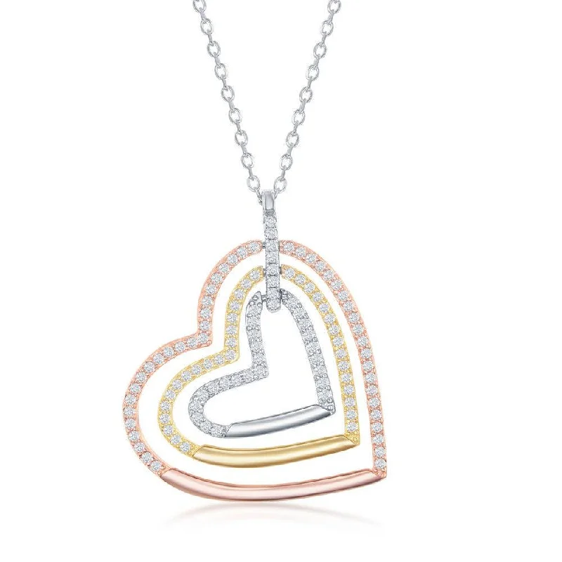 Sterling Silver Tri Color Triple Open CZ Heart Necklace