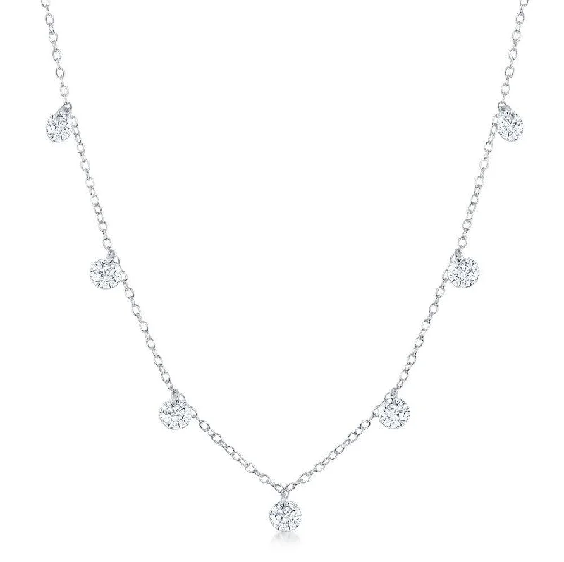 Sterling Silver Hanging Cubic Zirconia's Oval Chain Necklace