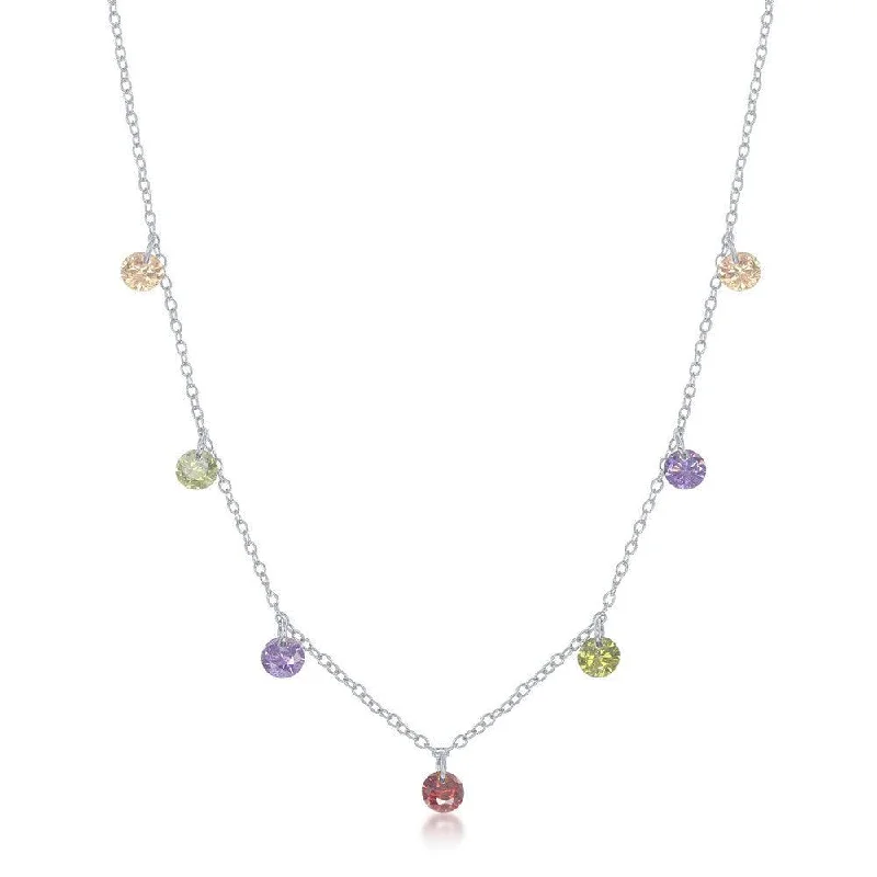 Sterling Silver Dangling Rainbow Cubic Zirconia Necklace