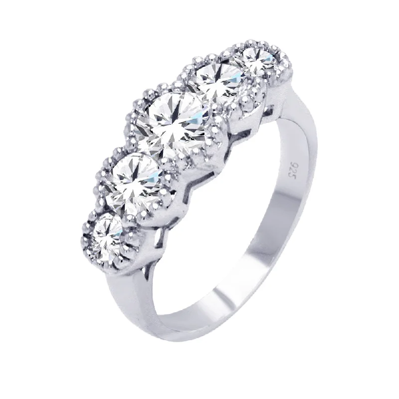 Bohemian Style Rings-Silver 925 Rhodium Plated 5 Stone Set Clear CZ Ring - BGR00278