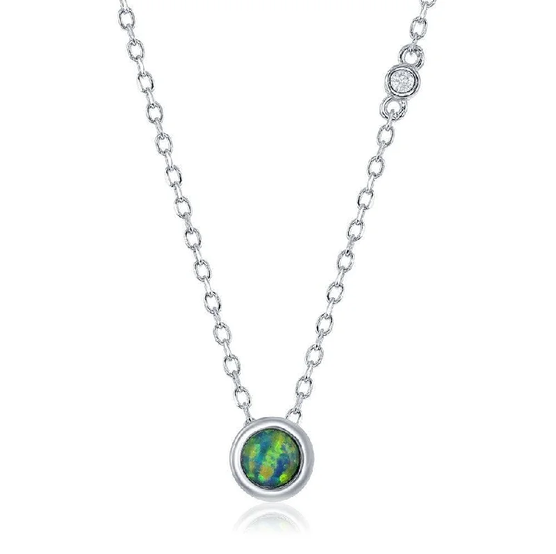 Sterling Silver Blue Inlay Opal with Single Bezel-Set CZ Necklace