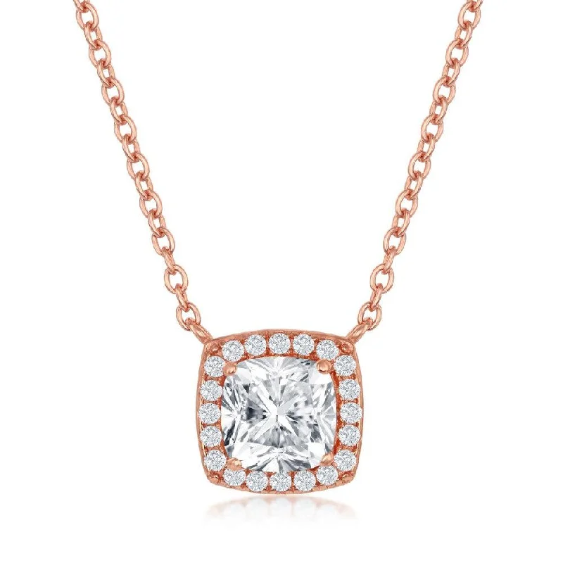 Sterling Silver Rose GP Princess-Cut with CZ Border Necklace