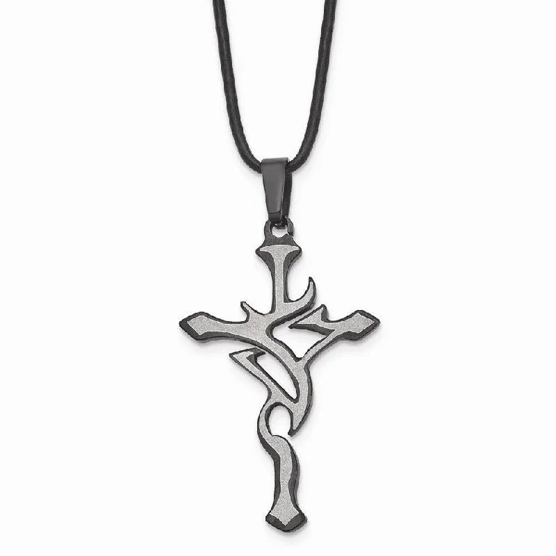 Stainless Steel Black Plated and Grey Accent Cross Necklace